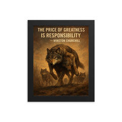 churchill quote alpha wolf carrying wounded pack responsibility framed print on a plain backdrop in size 8"x10".