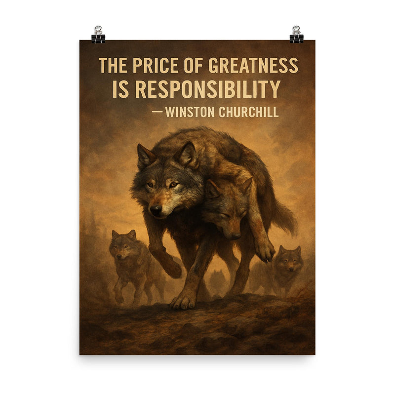 churchill quote alpha wolf carrying wounded pack responsibility poster on a plain backdrop in size 8