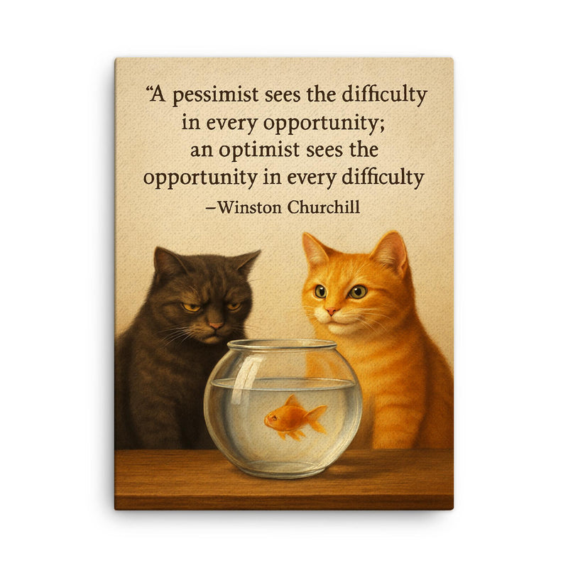 Churchill quote pessimist optimist cats fishbowl inspiration canvas print on a plain backdrop in size 18