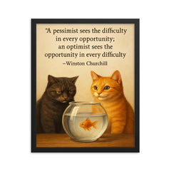 Churchill quote pessimist optimist cats fishbowl inspiration framed print on a plain backdrop in size 16"x20".