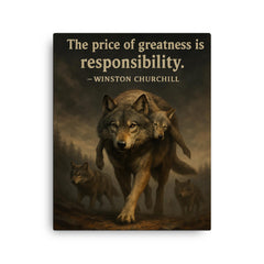 Churchill quote the price of greatness is responsibility alpha wolf leading pack for safety canvas print on a plain backdrop in size 16"x20".