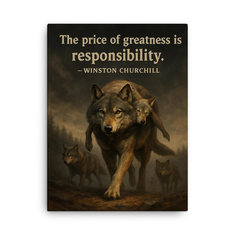 Churchill quote the price of greatness is responsibility alpha wolf leading pack for safety canvas print on a plain backdrop in size 18