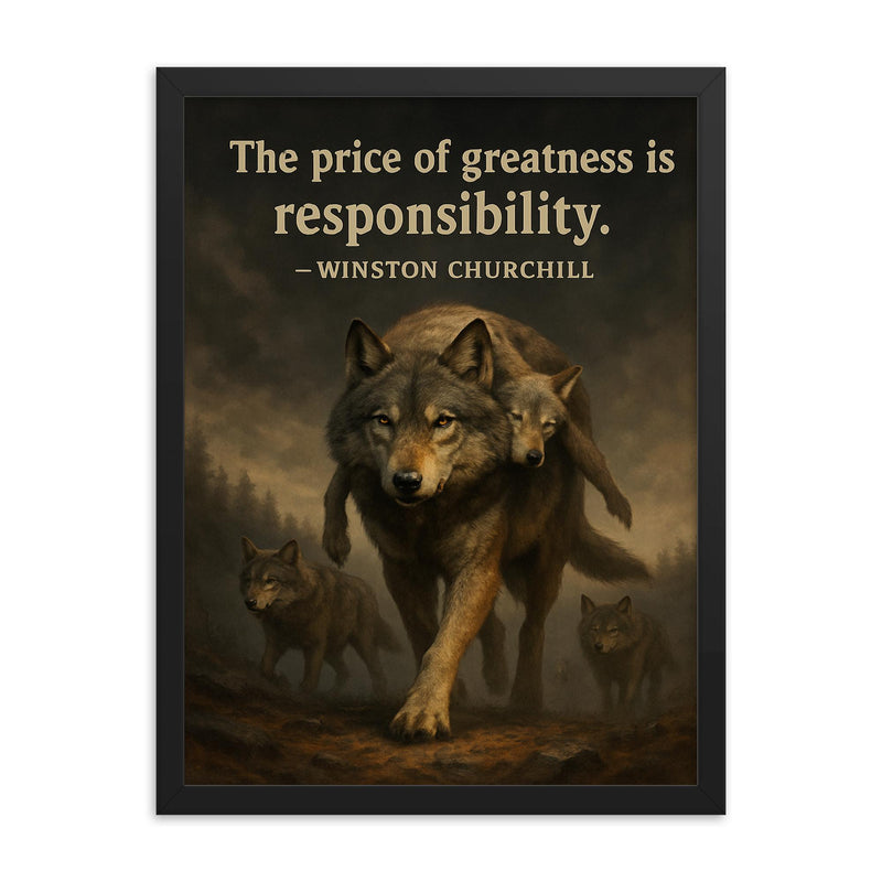 Churchill quote the price of greatness is responsibility alpha wolf leading pack for safety framed print on a plain backdrop in size 18