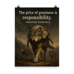 Churchill quote the price of greatness is responsibility alpha wolf leading pack for safety poster on a plain backdrop in size 8"x10".