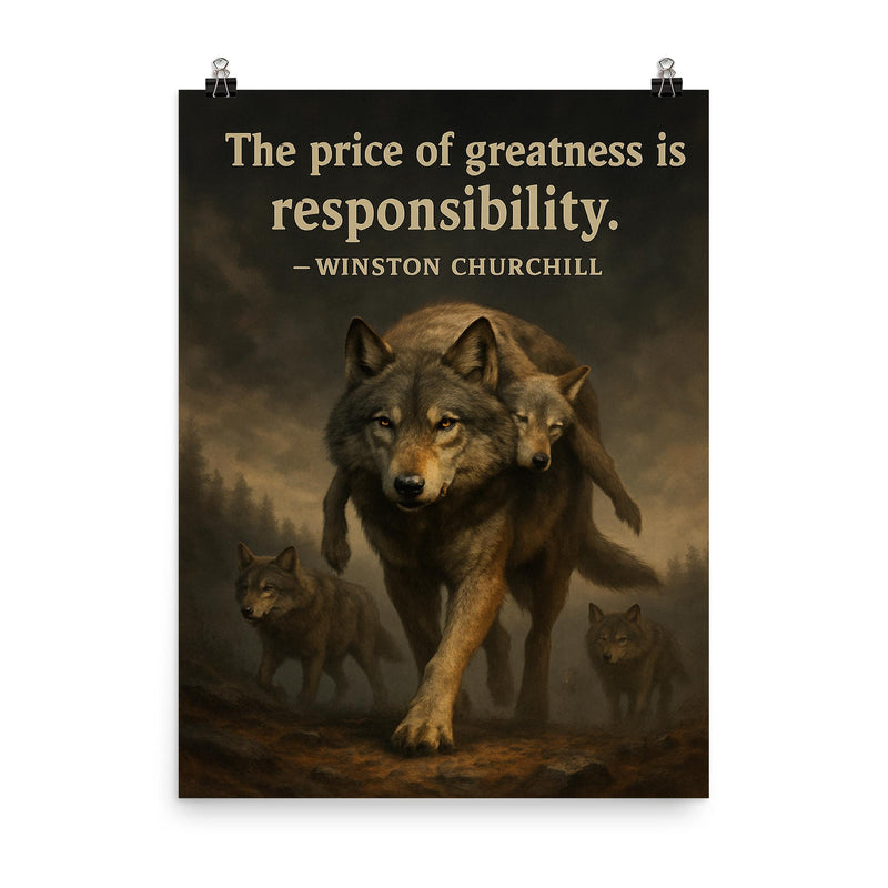 Churchill quote the price of greatness is responsibility alpha wolf leading pack for safety poster on a plain backdrop in size 8