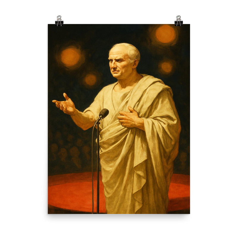 Cicero delivering a speech at a modern conference poster on a plain backdrop in size 8