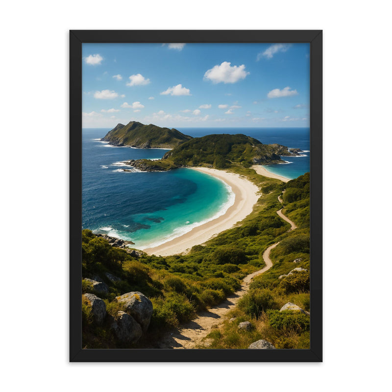 Cies Islands Spain framed print on a plain backdrop in size 18