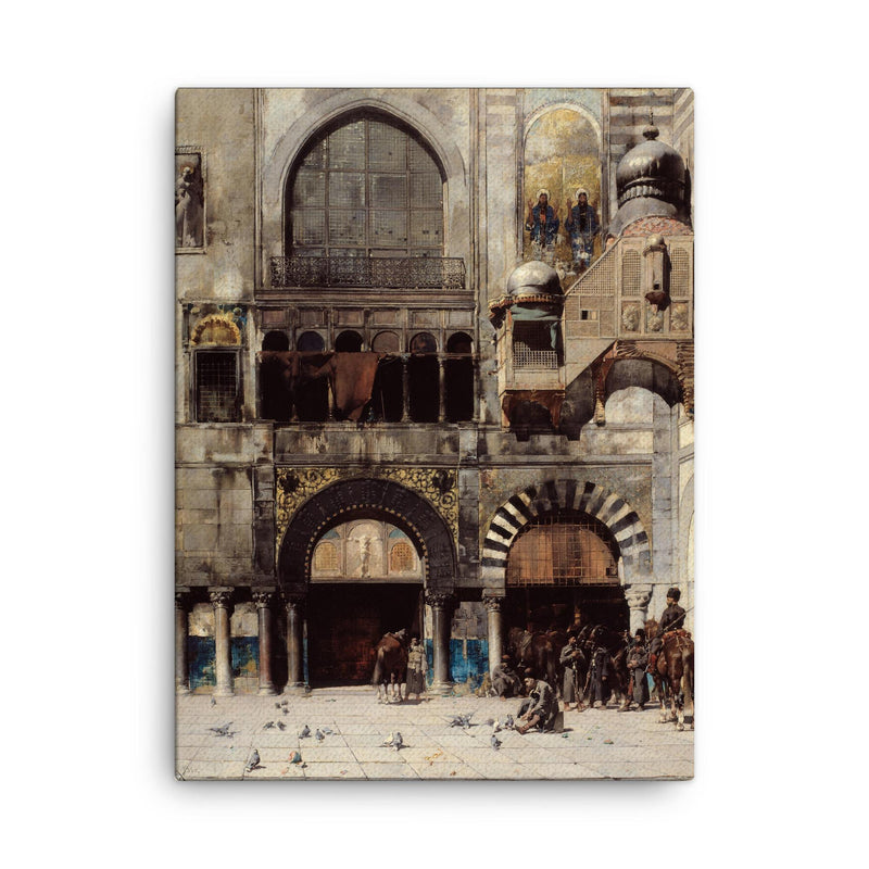 Circassian Cavalry Awaiting Commanding Officer at Byzantine Monument by Alberto Pasini, 1880 canvas print on a plain backdrop in size 18