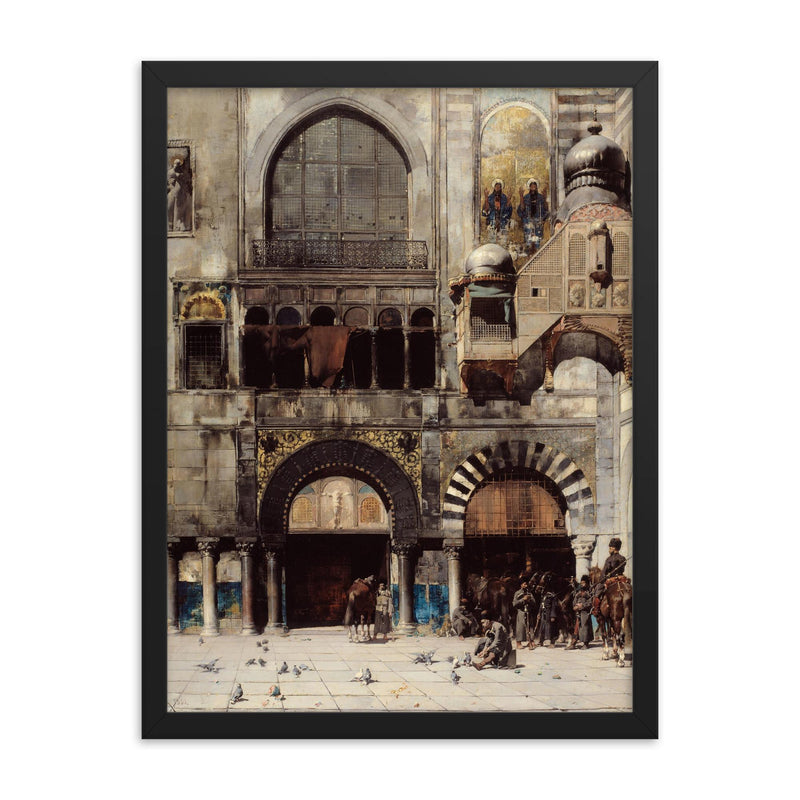 Circassian Cavalry Awaiting Commanding Officer at Byzantine Monument by Alberto Pasini, 1880 framed print on a plain backdrop in size 18