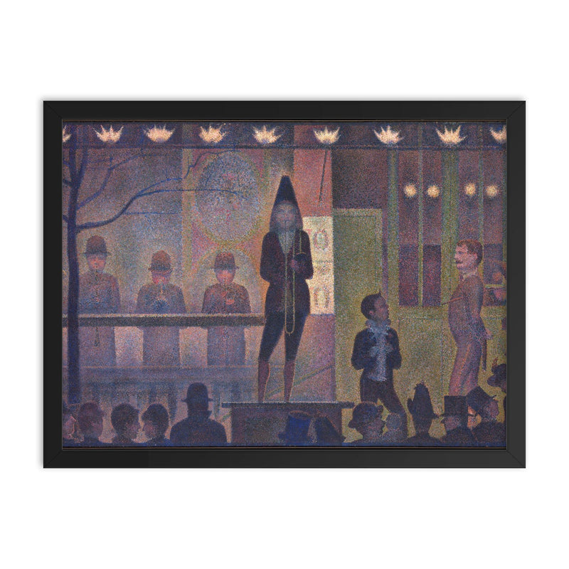 Circus Sideshow by Georges Seurat framed print on a plain backdrop in size 18