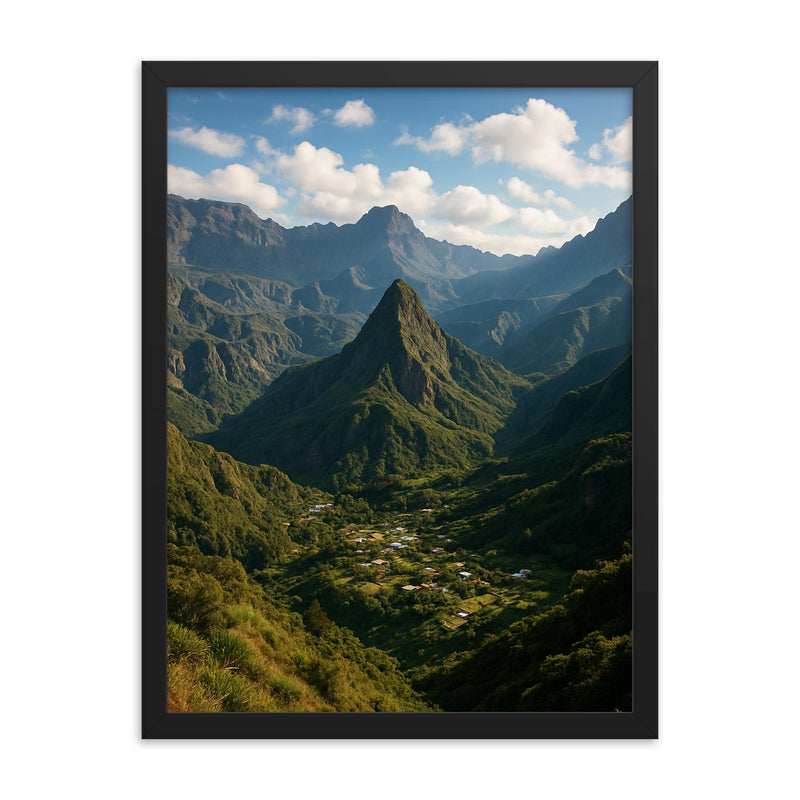 Cirque de Mafate Reunion framed print on a plain backdrop in size 18