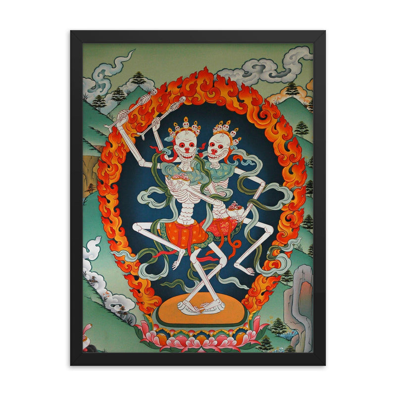 Citipaxi, Tibetan skeleton Buddhist deity - Tantric protector Vajrayana Thangka art framed print on a plain backdrop in size 18