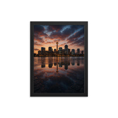 City skyline reflected in rain soaked pavement framed print mockup 12x16