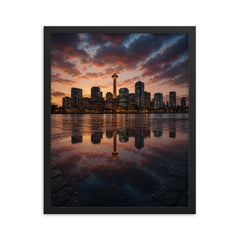 City skyline reflected in rain soaked pavement framed print mockup 16x20