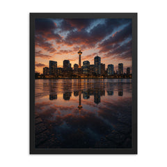 City skyline reflected in rain soaked pavement framed print mockup 18x24
