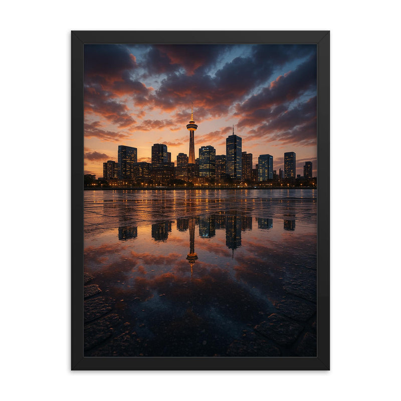 City skyline reflected in rain soaked pavement framed print mockup 18x24