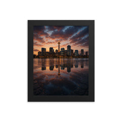 City skyline reflected in rain soaked pavement framed print mockup 8x10