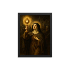 Clare of Assisi holding monstrance against soldiers framed print on a plain backdrop in size 12"x16".