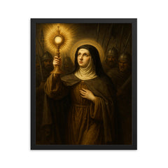 Clare of Assisi holding monstrance against soldiers framed print on a plain backdrop in size 16"x20".