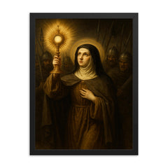 Clare of Assisi holding monstrance against soldiers framed print on a plain backdrop in size 18"x24".