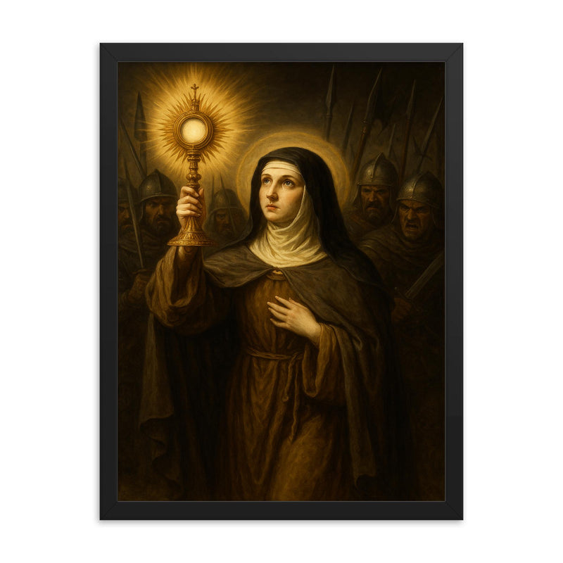 Clare of Assisi holding monstrance against soldiers framed print on a plain backdrop in size 18