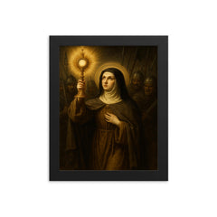 Clare of Assisi holding monstrance against soldiers framed print on a plain backdrop in size 8"x10".