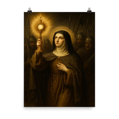 Clare of Assisi holding monstrance against soldiers poster on a plain backdrop in size 8"x10".