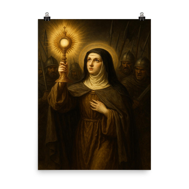 Clare of Assisi holding monstrance against soldiers poster on a plain backdrop in size 8