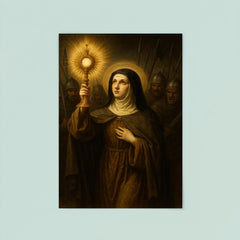 Clare of Assisi holding monstrance against soldiers poster 8