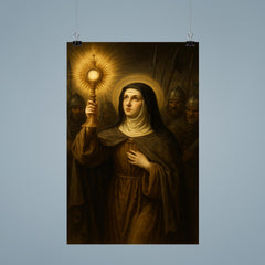 Clare of Assisi holding monstrance against soldiers poster 9