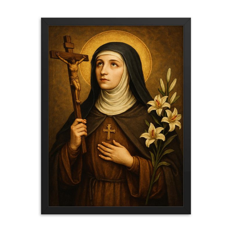 Clare of Montefalco framed print on a plain backdrop in size 18