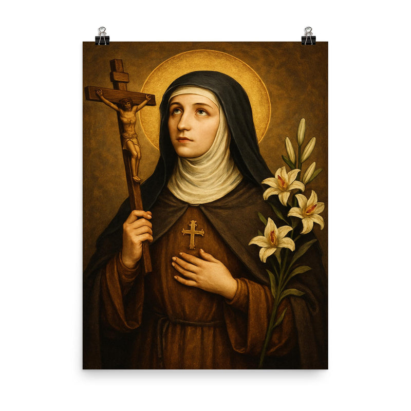 Clare of Montefalco poster on a plain backdrop in size 8