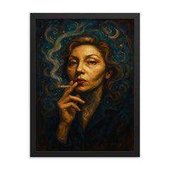 Clarice Lispector mystical cigarette portrait framed print on a plain backdrop in size 18"x24".