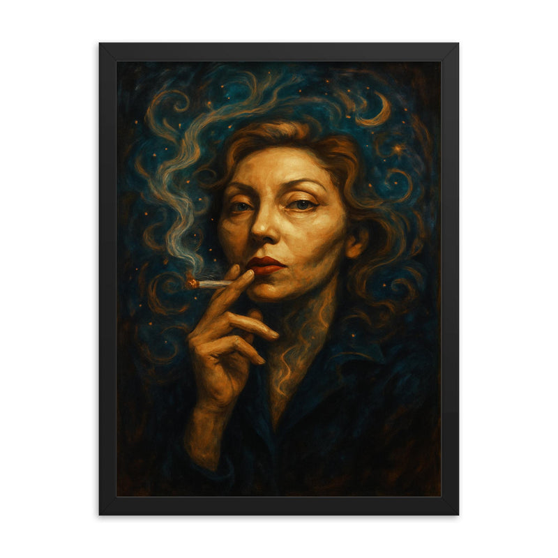 Clarice Lispector mystical cigarette portrait framed print on a plain backdrop in size 18