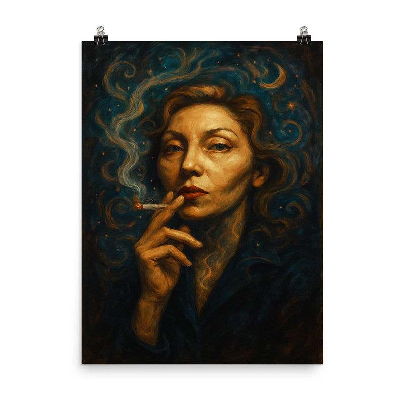 Clarice Lispector mystical cigarette portrait poster on a plain backdrop in size 8