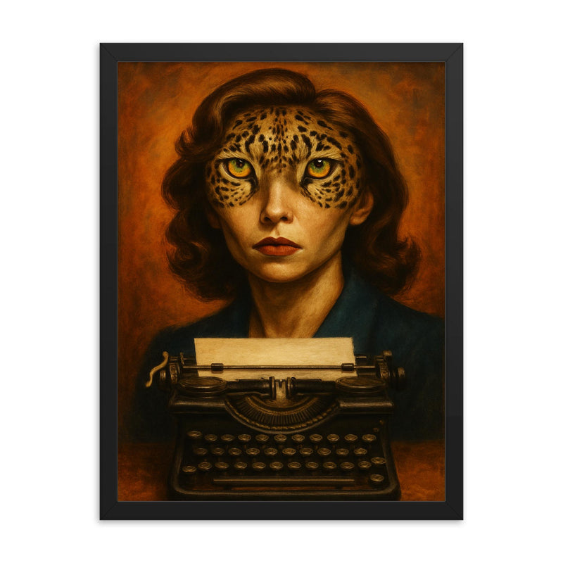 Clarice Lispector with jaguar eyes and typewriter framed print on a plain backdrop in size 18