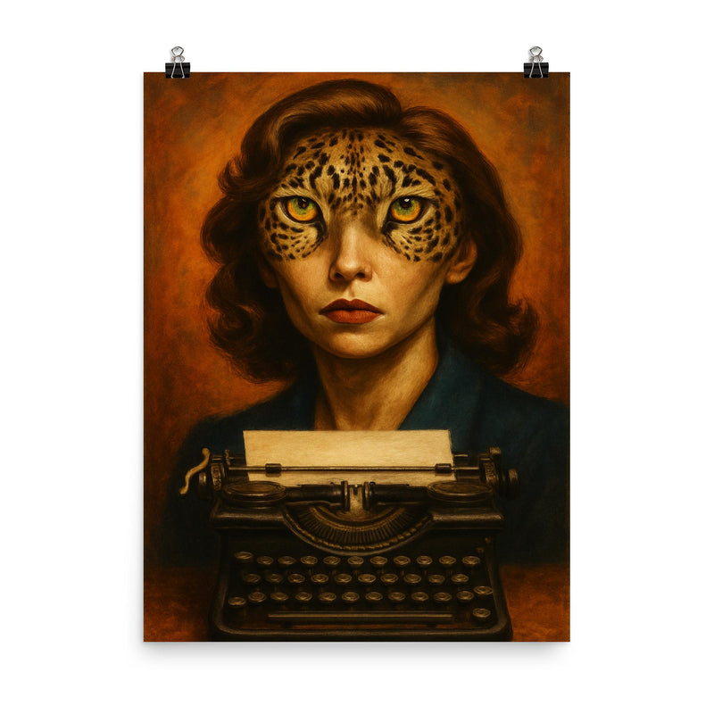 Clarice Lispector with jaguar eyes and typewriter poster on a plain backdrop in size 8