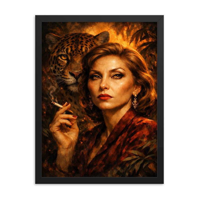 Clarice Lispector with jaguar like stare framed print on a plain backdrop in size 18
