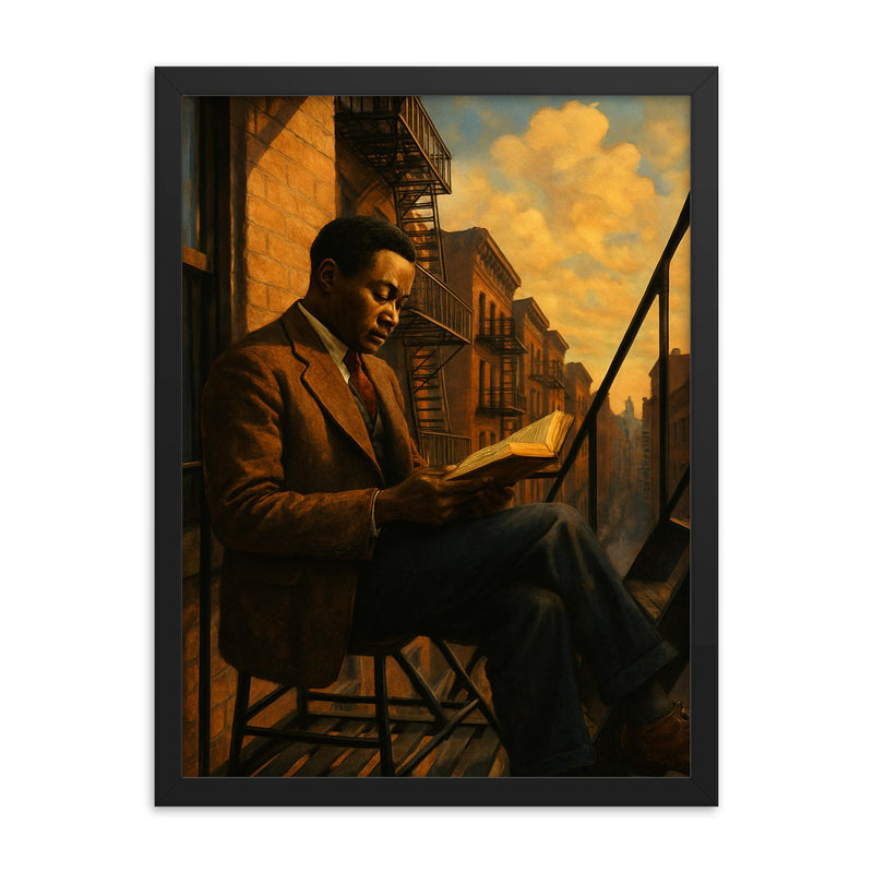 Claude McKay Harlem fire escape reading framed print on a plain backdrop in size 18
