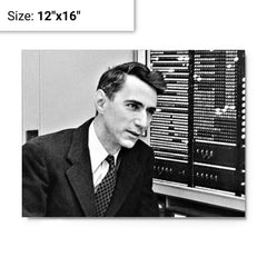 Claude Shannon metal print on a plain backdrop in size 12"x16".