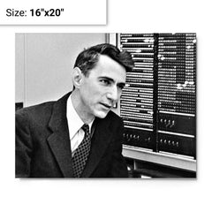 Claude Shannon metal print on a plain backdrop in size 16"x20".