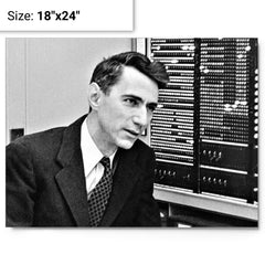Claude Shannon metal print on a plain backdrop in size 18"x24".