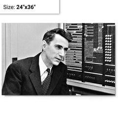 Claude Shannon metal print on a plain backdrop in size 24"x36".