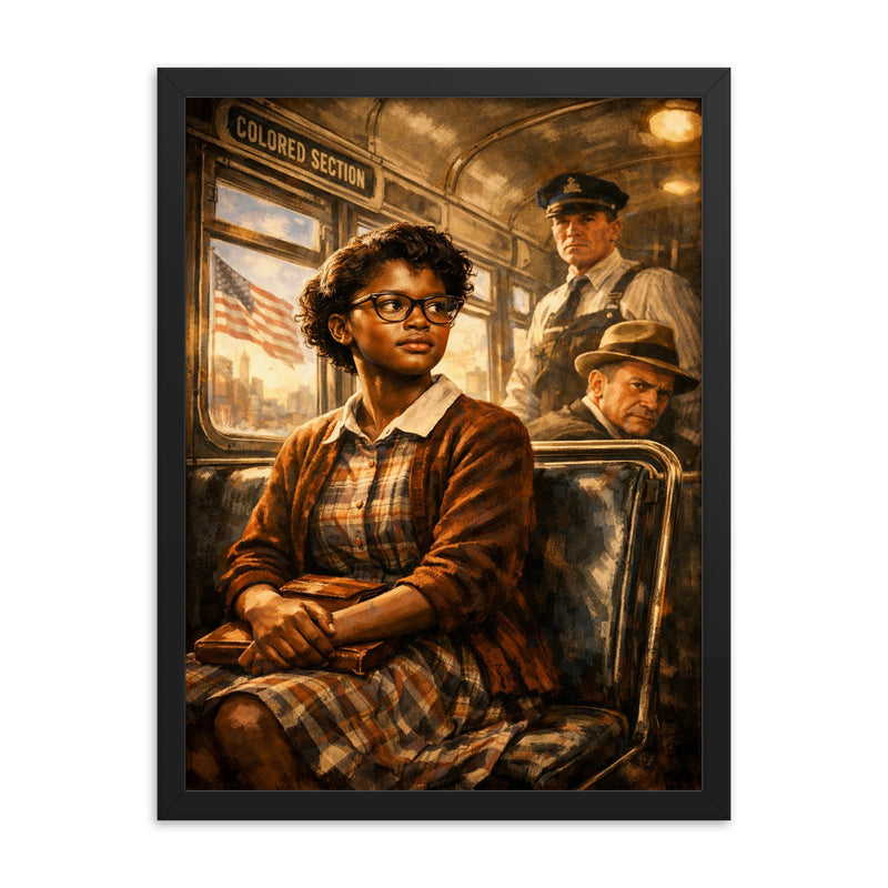 Claudette Colvin refusing the bus seat framed print on a plain backdrop in size 18