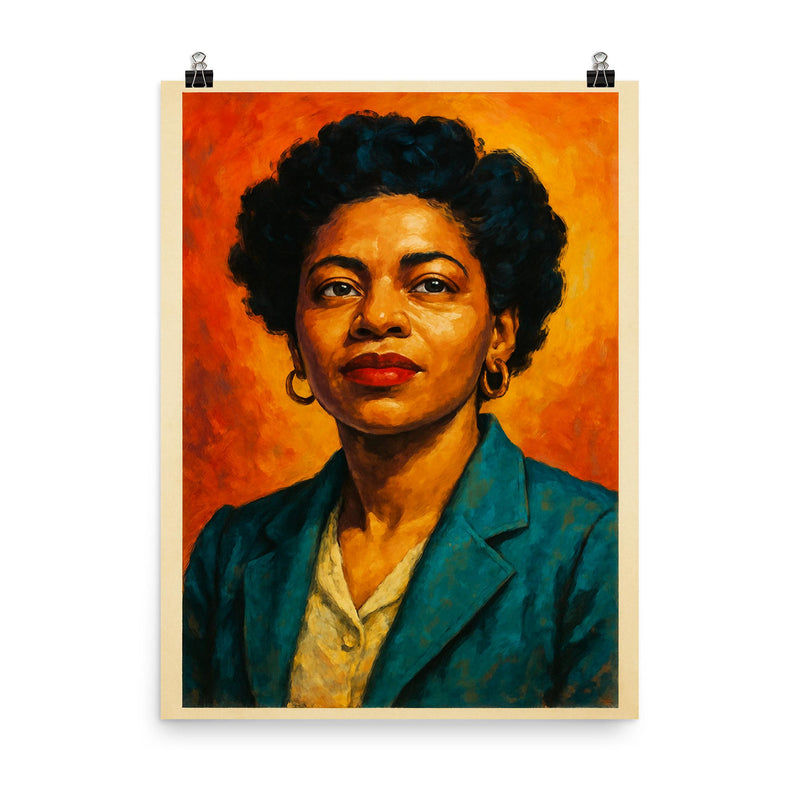 Claudia Jones poster on a plain backdrop in size 8