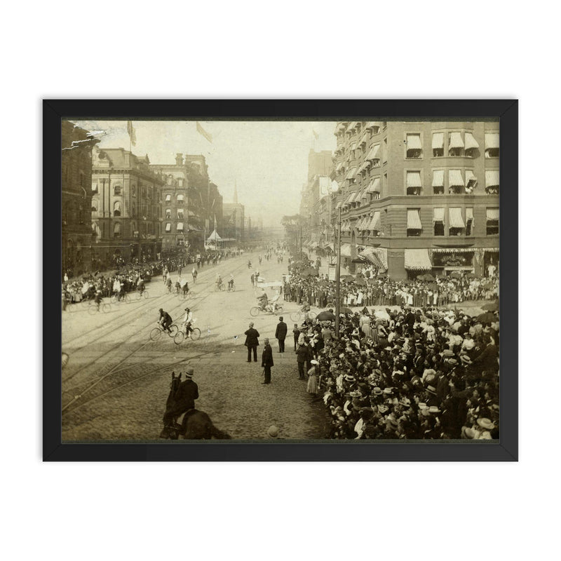 Cleveland's Centennial Celebration on Superior Avenue, 1896 framed print on a plain backdrop in size 18