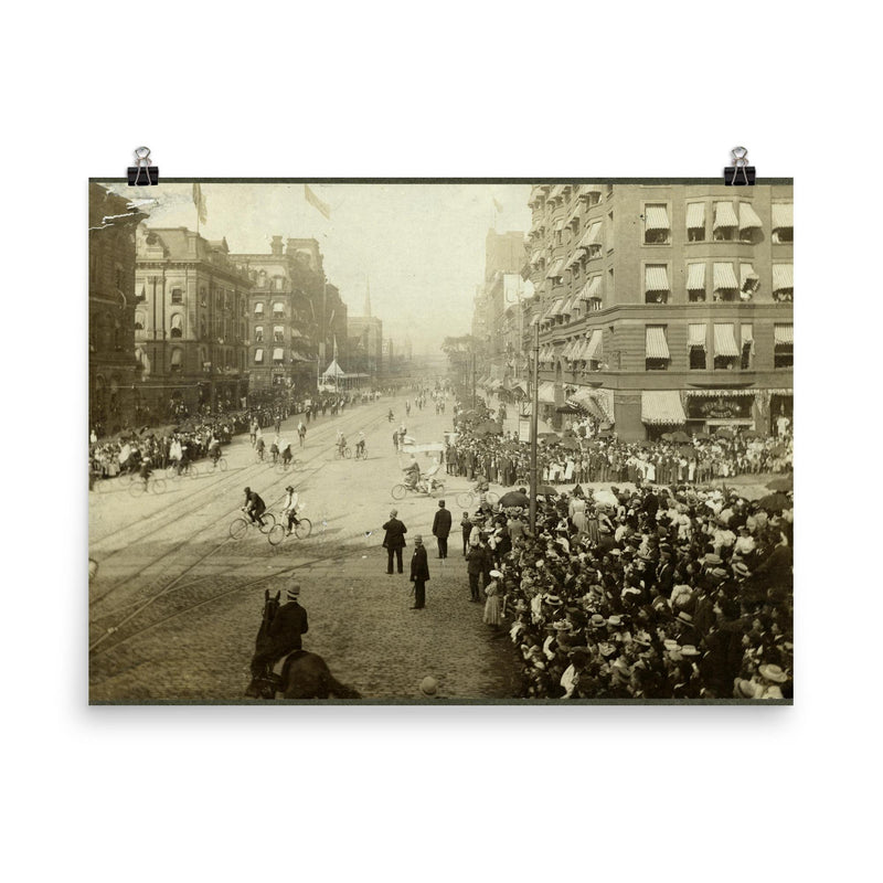 Cleveland's Centennial Celebration on Superior Avenue, 1896 poster on a plain backdrop in size 8
