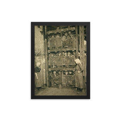 Coal Miners in a Coal Mine Elevator, 1920s Belgium framed print on a plain backdrop in size 12"x16".