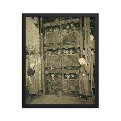 Coal Miners in a Coal Mine Elevator, 1920s Belgium framed print on a plain backdrop in size 16"x20".