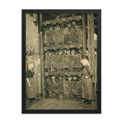 Coal Miners in a Coal Mine Elevator, 1920s Belgium framed print on a plain backdrop in size 18"x24".